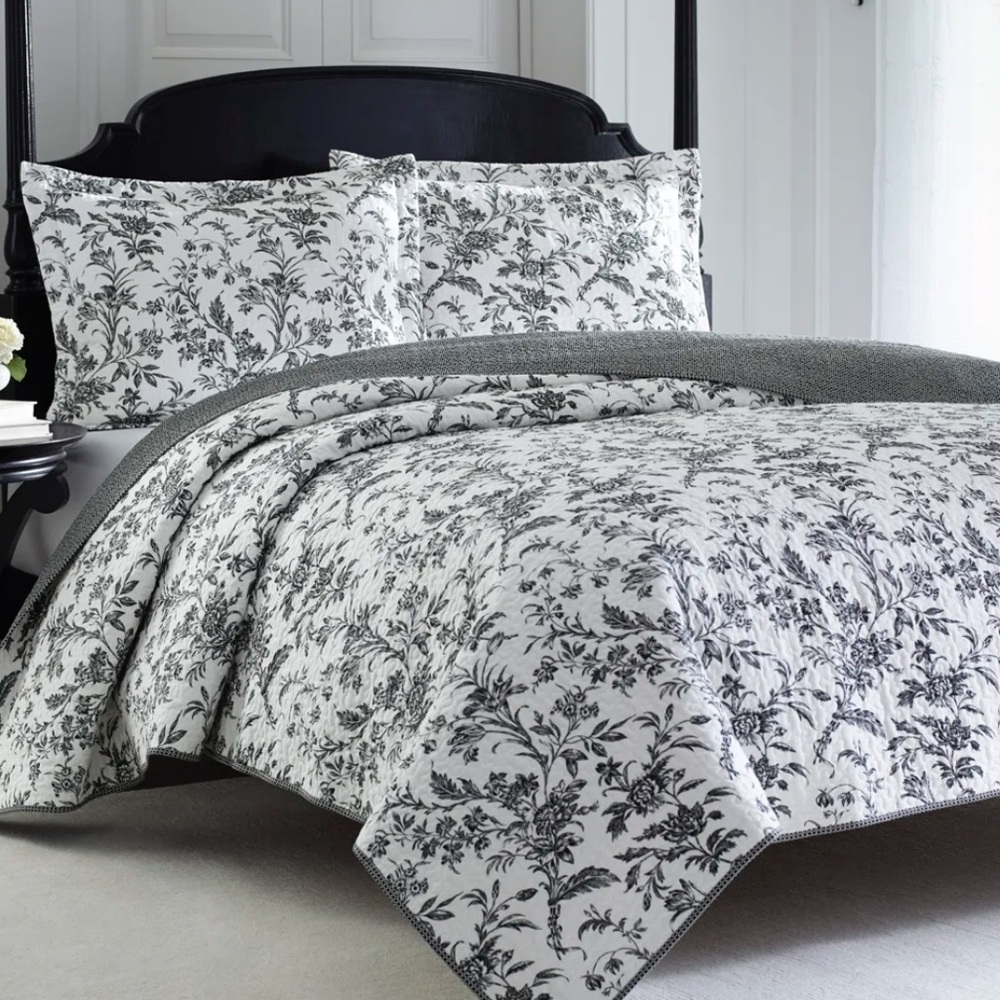 Laura Ashley Twin Size Amberley Black & White Floral Reversible Quilt
